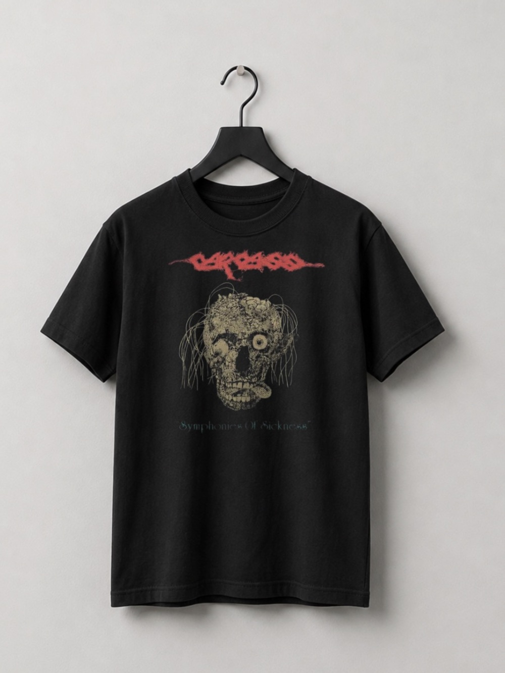 Black Short Sleeve Tee with Red Logo and Beige Skull Graphic